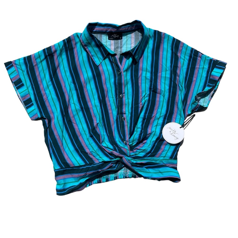 Milk & Honey Women’s Size XL Teal Striped Collared Button Up Knot Front Crop Top